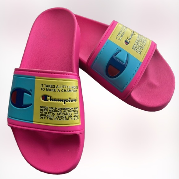 NWOT Champion Super Slide Split Script Neon Pink, Yellow & Blue SZ 6 - Picture 3 of 8